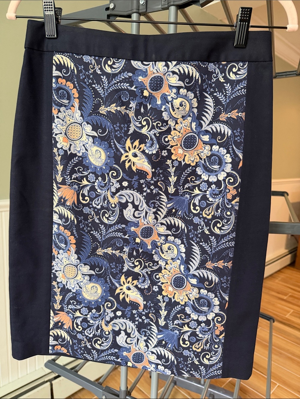 Club Monaco Navy Paisley-Panel Pencil Skirt with Peach and Light Blue Accents